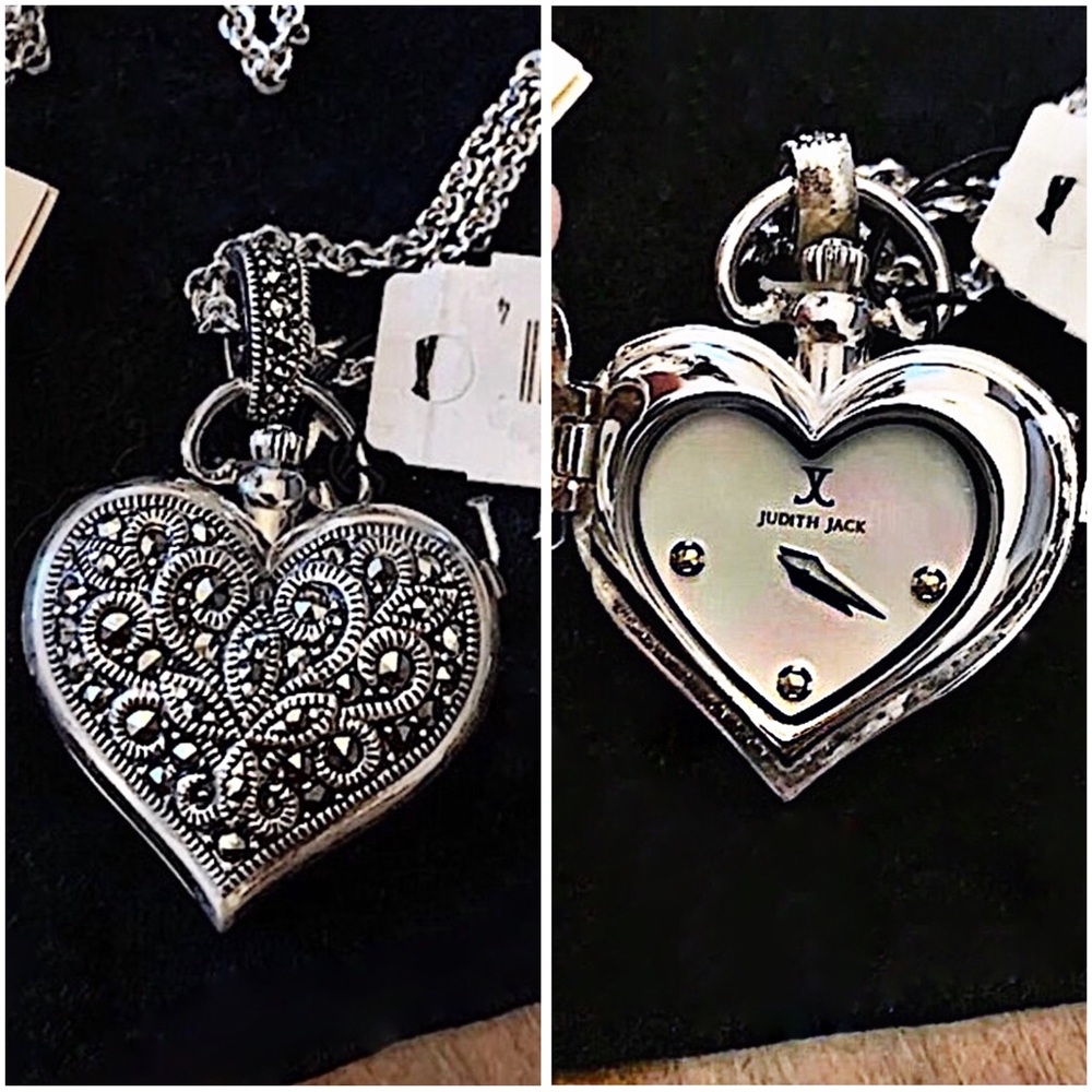 JUDITH JACK Sterling Silver Inlaid Marcasite Heart Locket with Clock Pendant NWT